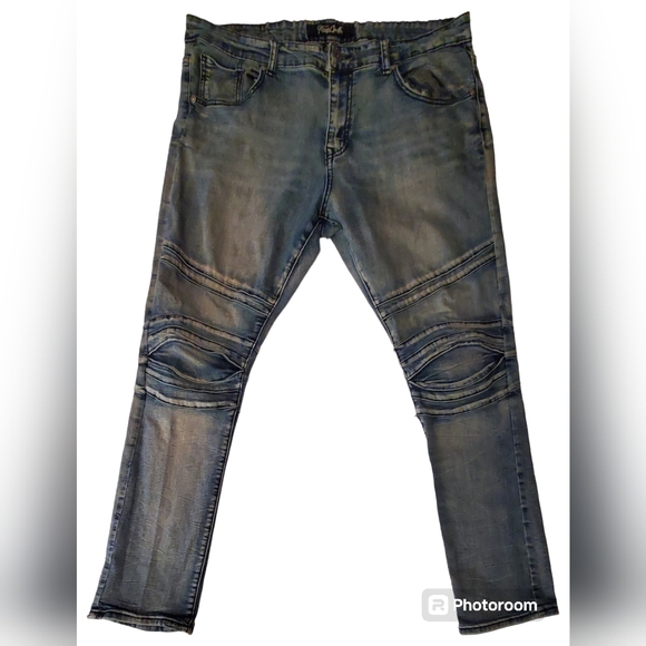 True Luck Jeans Mens 36x32 Blue Designer Moto Denim Worn Look Motorcycle Style - Picture 1 of 10
